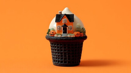 A ice cream cup crafted from black cocoa waffle, topped with a miniature haunted pumpkin house made of sugar and fondant, resting on a solid deep orange background.