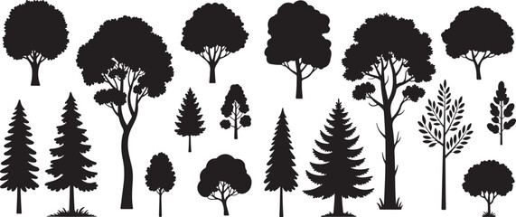 A comprehensive collection of diverse tree silhouettes, featuring various species and sizes.