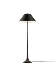 Elegant modern black floor lamp with conical shade and slender stem on white background
