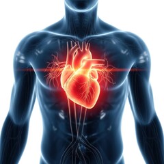 Human heart anatomy with glowing red energy isolated on white background
