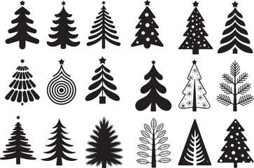 A set of six Christmas tree silhouettes in various detailed and stylized designs.