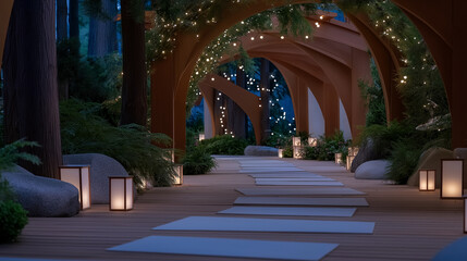 Fototapeta premium Enchanting Woodland Pathway with Fairy Lights and Lanterns