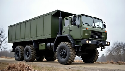 A rugged olive-green military truck navigates a dirt road on a cloudy day, showcasing its robust design.