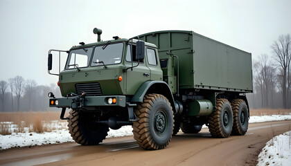 An olive-green military truck navigates a snowy and muddy road during winter in a foggy landscape.