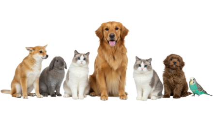 A diverse, healthy group: Golden Retriever, Ragdoll cat, Lop-eared rabbit, Budgerigar, in high-key studio with soft light, eye-level on transparent background, metaphor for corporate diversity