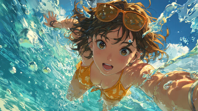 Anime Girl Swimming In The Ocean