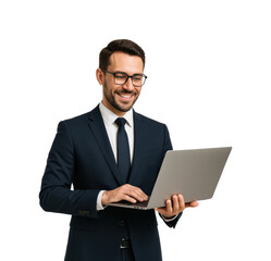 Business professional working on laptop in modern office environment isolated on transparent background, png