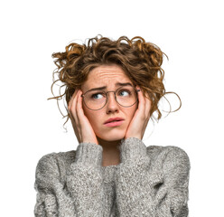 Feeling overwhelmed young woman in sweater emotions isolated on transparent background, png