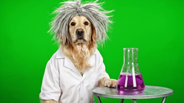 Mad Scientist Dog with Bubbling Beaker - A Golden Retriever dog, wearing a lab coat and wild grey wig, playfully interacts with a bubbling purple liquid in a beaker.