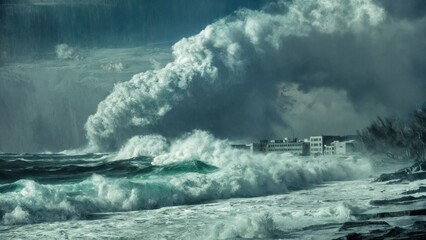 Dramatic Coastal Scene of a Powerful Tsunami with Massive Waves and Dark Storm Clouds Crashing Toward a City Skyline, Capturing the Devastating Force of Nature and Environmental Disaster