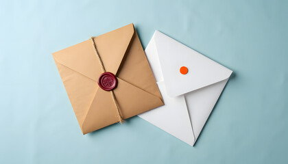 Two envelopes, one sealed with wax and the other with a sticker, lie on a blue surface.