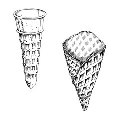 Crispy sugar waffle wafer cone baked pastry for soft serve, gelato, and scooped ice cream. graphic illustration hand drawn in vector ink. Gourmet food label, dessert topping art, artisan snack wrap