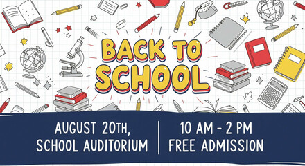 Back to school event promotion with educational doodles and celebratory text perfect for students
