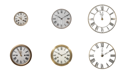 Six antique clock faces with Roman numerals isolated on a transparent background