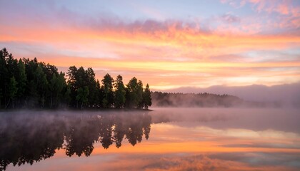 Obraz premium A tranquil lake scene at sunrise, showcasing a peaceful reflection of the colorful sky and mist-filled forest.
