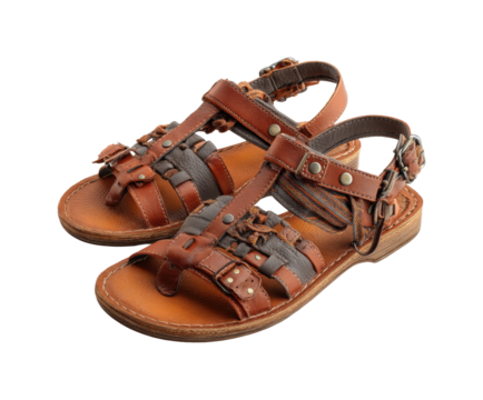 Stylish brown leather sandals outdoors product casual isolated on transparent background, png