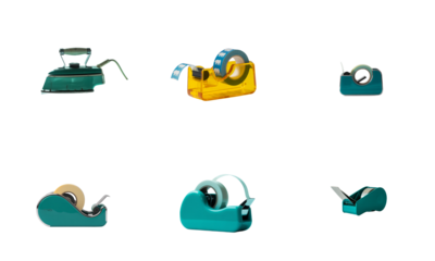 Teal and yellow tape dispensers and iron isolated on a transparent background