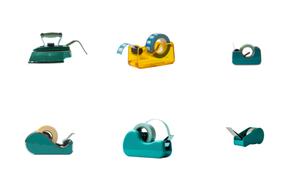 Teal and yellow tape dispensers and iron isolated on a transparent background