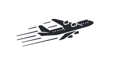 Flat black icon of cargo plane flying with trail lines, isolated on white