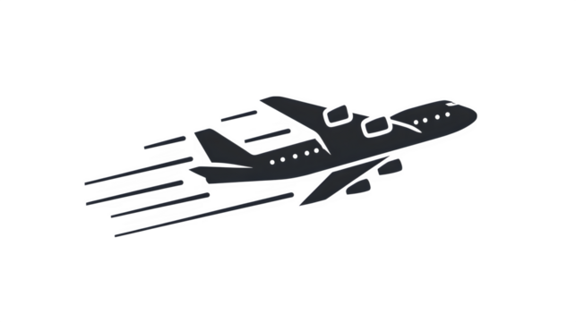 Flat black icon of cargo plane flying with trail lines, isolated on white