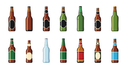 Vector Icons Set of A Diverse Collection of Stylized Beer Bottles in a Clean Vector Graphic Style. Vector Illustrations. EPS Editable