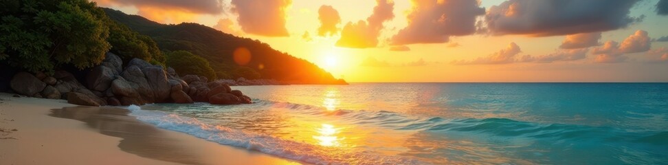 Vibrant Seychelles sunset, Anse Lazio beach Golden light, turquoise water , photography, beach, nature