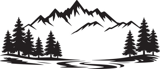 A bold silhouette illustration of a mountain range with a winding river and a forest of pine trees.