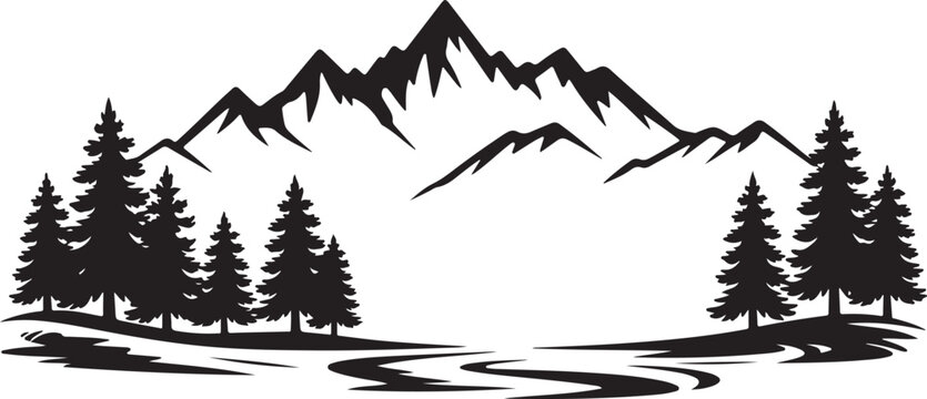 A bold silhouette illustration of a mountain range with a winding river and a forest of pine trees.