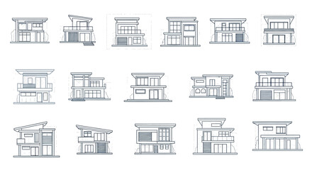 Vector Icons Set of Architectural Line Art Set of Diverse Modern House Elevations. Vector Illustrations. EPS Editable