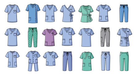 Vector Icons Set of Assorted Medical Scrubs Collection Colorful Cartoon Illustrations of Healthcare Uniforms. Vector Illustrations. EPS Editable