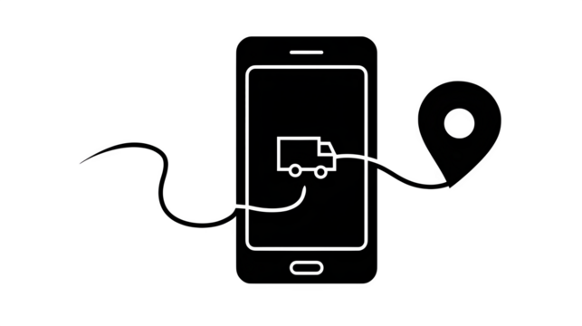 Flat black icon of delivery tracking route on a smartphone, isolated on transparent background