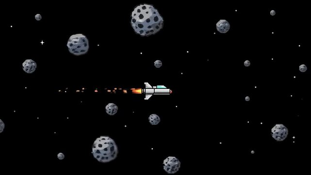 Retro pixel art illustration of a small white spaceship with a fiery exhaust trail navigating through a dark, star-filled cosmos filled with numerous grey asteroids.