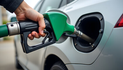 Close-up of a hand refueling a car with gasoline at a gas station, highlighting fuel costs.