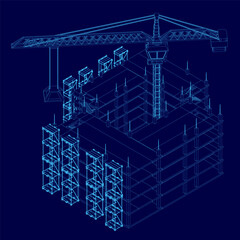 A 3D wireframe model of a city building under construction features a crane lifting heavy components against a blue background. The detailed structure includes beams, scaffolding.
