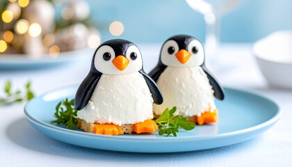 Obraz premium Festive Penguin Appetizers Cream Cheese and Olive Delights for Winter Celebrations