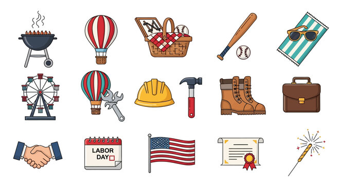 Vector Icons Set of Colorful Labor Day Icon Set Celebrating American Work Leisure and Patriotism. Vector Illustrations. EPS Editable