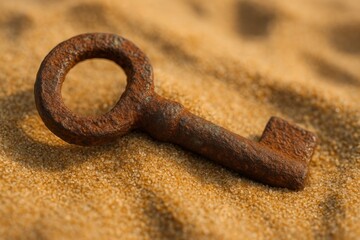 Macro of Rusty Key in Beach Sand