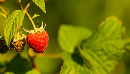 Close-up of a vibrant red raspberry hanging on a branch, surrounded by lush green leaves, bathed in natural sunlight.