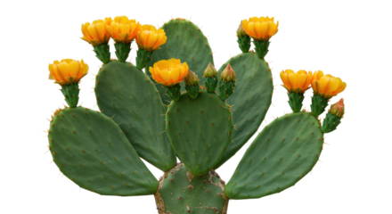 Perfectly isolated prickly pear cactus with vibrant green pads, subtle spines, and bright yellow-orange flowers on a transparent studio background, concept of natural vitality and resilience