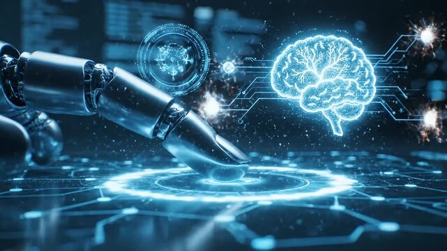 A robotic arm interacts with a glowing digital human brain hologram on a futuristic circuit board, symbolizing artificial intelligence and advanced technology. - Powered by Adobe