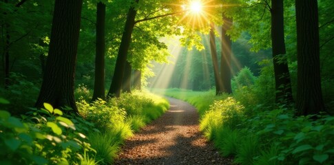 Obraz premium Sun-dappled path winds through lush green forest, sunlight filtering through leaves , ecosystem, bright, spring