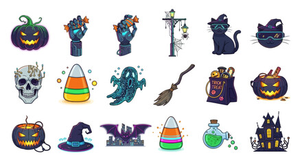Vector Icons Set of Cyberpunk Halloween Icon Set Futuristic Tech and Spooky Neon Illustrations. Vector Illustrations. EPS Editable