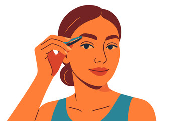Young woman shaping her eyebrows with tweezers in bright colors woman plucking eyebrows