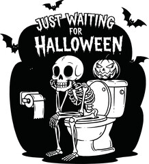 A humorous illustration of a skeleton sitting on a toilet, waiting for Halloween to arrive.