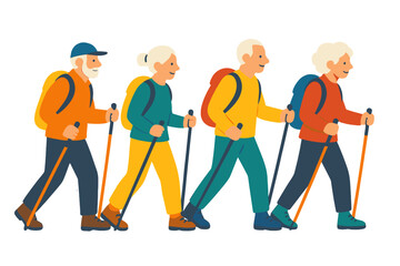 Group of elderly people hiking with walking sticks in colorful outfits active elderly hiking group