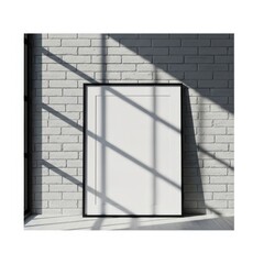 Blank picture frame against white brick wall with shadow overlay isolated on white background