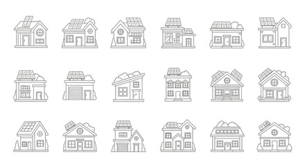 Fototapeta premium Vector Icons Set of Diverse Set of EcoFriendly House Icons with Rooftop Solar Panels in Line Art Style. Vector Illustrations. EPS Editable