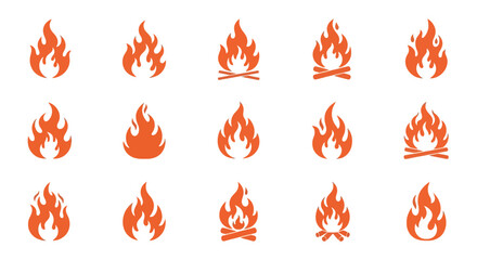 Vector Icons Set of Diverse Set of Orange Fire Flame and Campfire Vector Icons. Vector Illustrations. EPS Editable