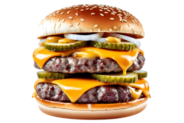 Double Cheeseburger with Pickles and Onions, isolated on transparent cutout background, cut out, png