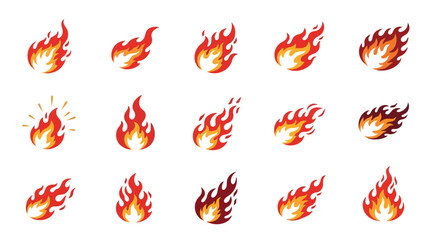 Vector Icons Set of Dynamic Set of Stylized Fire Icons Red and Orange Flame and Fireball Logo Elements. Vector Illustrations. EPS Editable